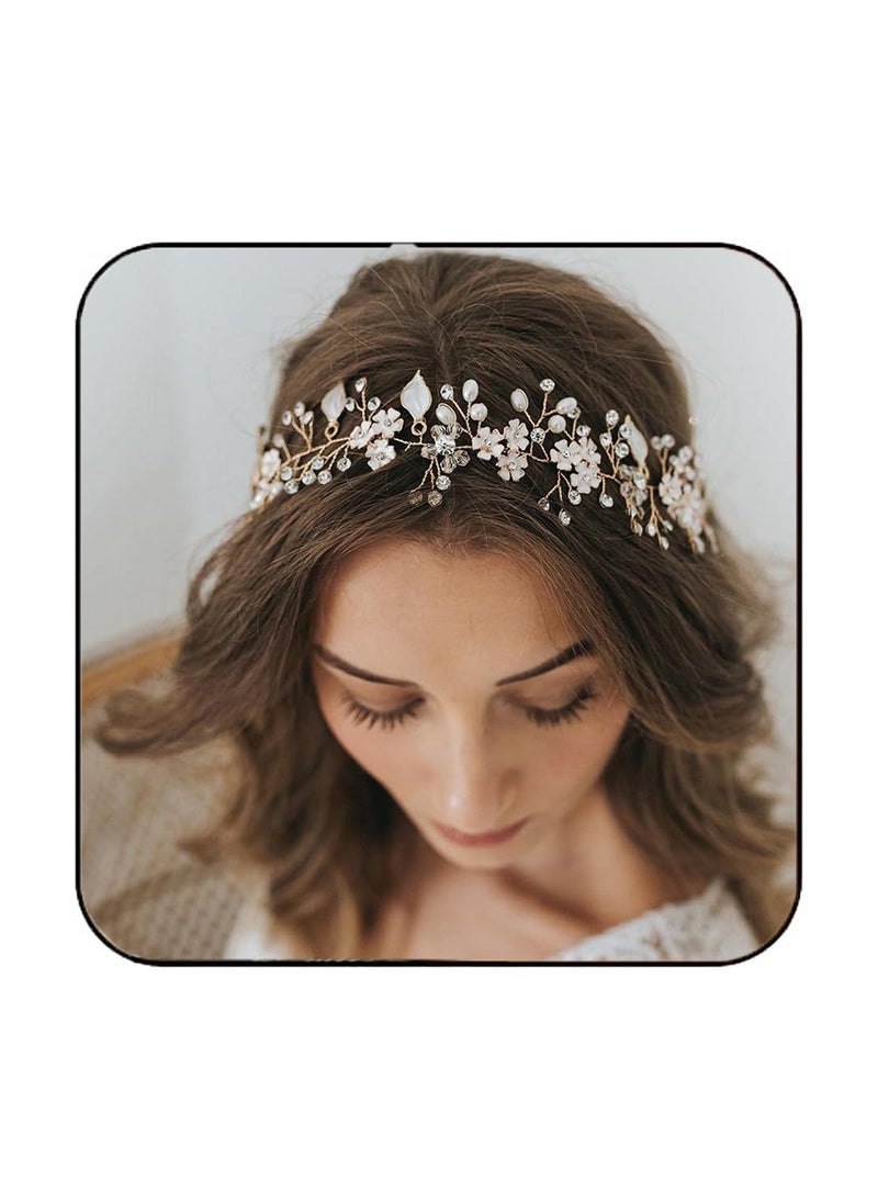 Unsutuo - Unsutuo Flower Bride Wedding Headbands Crystal Bridal Headpiececs Leaves Hair Vine for Women and Girls Gold - Image 1
