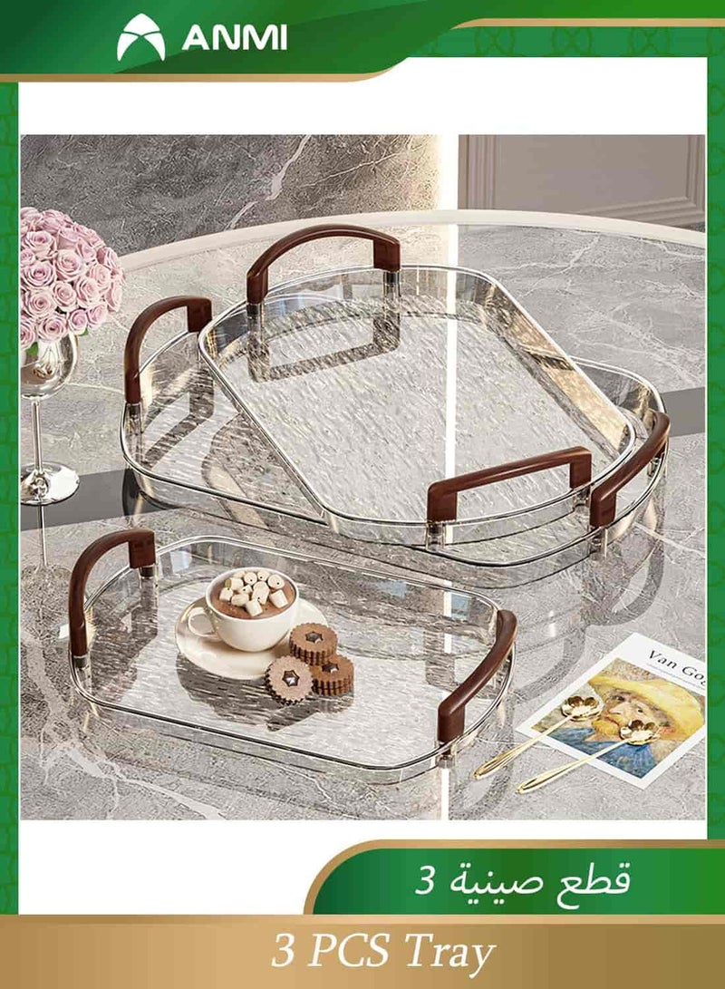 Anmi 3 PCS transparent water ripple Serving trays with Wood Grain Handle, Decorative Transparent Tray, for Coffee Table Ottoman Countertop Valet Plastic Rectangular Serving Trays for Party, Bar, Kitchen, Restaurant & Bathroom (White) - Image 1