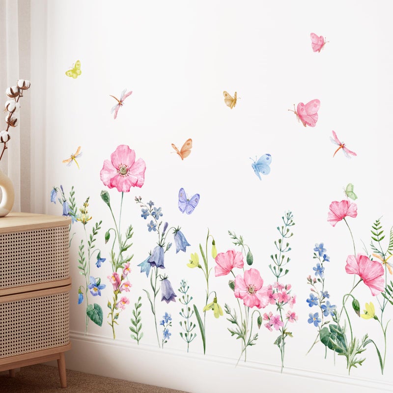 Supzone Watercolor Wildflower Wall Decals Colorful Garden Flower Grass Butterflies Wall Stickers for Girls Bedroom Living Room Home Office Wall Decor - Image 4