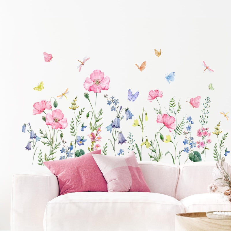 Supzone Watercolor Wildflower Wall Decals Colorful Garden Flower Grass Butterflies Wall Stickers for Girls Bedroom Living Room Home Office Wall Decor - Image 2