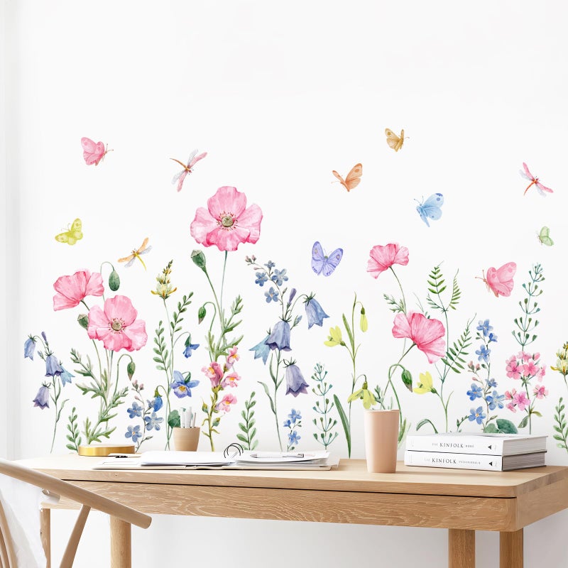 Supzone Watercolor Wildflower Wall Decals Colorful Garden Flower Grass Butterflies Wall Stickers for Girls Bedroom Living Room Home Office Wall Decor - Image 1