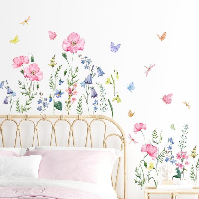Supzone Watercolor Wildflower Wall Decals Colorful Garden Flower Grass Butterflies Wall Stickers for Girls Bedroom Living Room Home Office Wall Decor - Image 5