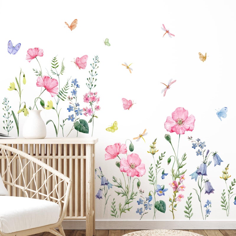 Supzone Watercolor Wildflower Wall Decals Colorful Garden Flower Grass Butterflies Wall Stickers for Girls Bedroom Living Room Home Office Wall Decor - Image 3