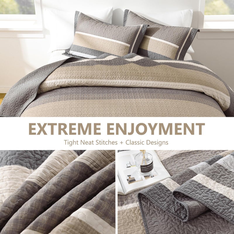 DUOHONG 100% Cotton Quilts Queen Size, Queen Quilt Bedding Set Bedspread, Striped Quilt for Queen Bed, 3 Pieces Farmhouse Reversible Lightweight Comforter Bed Spread, Gray/Brown/Beige - Image 5