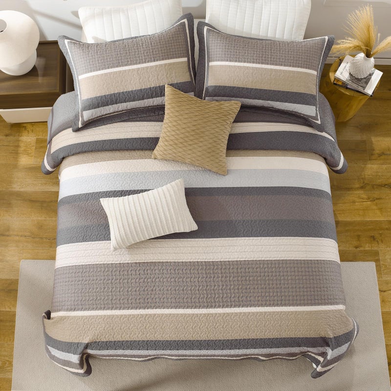 DUOHONG 100% Cotton Quilts Queen Size, Queen Quilt Bedding Set Bedspread, Striped Quilt for Queen Bed, 3 Pieces Farmhouse Reversible Lightweight Comforter Bed Spread, Gray/Brown/Beige - Image 4