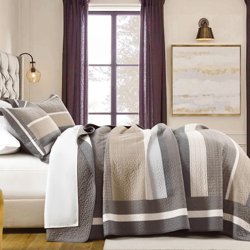 DUOHONG 100% Cotton Quilts Queen Size, Queen Quilt Bedding Set Bedspread, Striped Quilt for Queen Bed, 3 Pieces Farmhouse Reversible Lightweight Comforter Bed Spread, Gray/Brown/Beige - Image 3