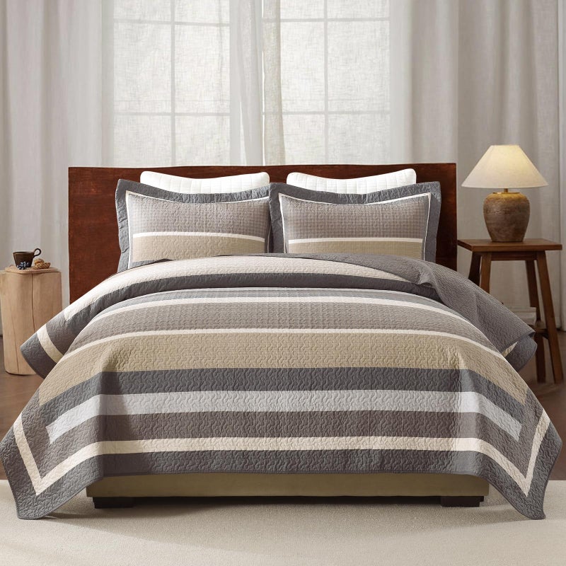 DUOHONG 100% Cotton Quilts Queen Size, Queen Quilt Bedding Set Bedspread, Striped Quilt for Queen Bed, 3 Pieces Farmhouse Reversible Lightweight Comforter Bed Spread, Gray/Brown/Beige - Image 1