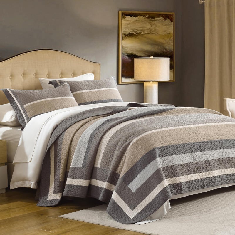 DUOHONG 100% Cotton Quilts Queen Size, Queen Quilt Bedding Set Bedspread, Striped Quilt for Queen Bed, 3 Pieces Farmhouse Reversible Lightweight Comforter Bed Spread, Gray/Brown/Beige - Image 2