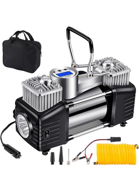 High-Performance Dual Cylinder Car Air Compressor | Portable Tire Inflator, Pump with LED Light | SUV, Truck, Off-Road, 4x4 | Auto Emergency Kit with Digital Gauge & Dual Power Supply