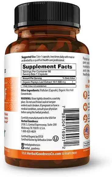 Herbal Goodness مستخلص أوراق البابايا إنزيمات هضمية 10X قوة 60600 ملغ كبسولات نباتية دعم الصفائح الدموية نخاع العظام الط splen دعم المناعة الأمعاء صحة هضمية فائقة صنع في الولايات المتحدة بواسطة هيربال غودنس - Image 2