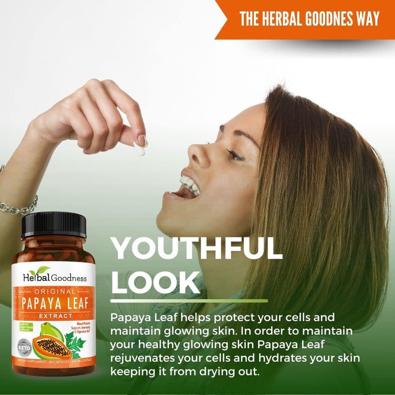 Herbal Goodness مستخلص أوراق البابايا إنزيمات هضمية 10X قوة 60600 ملغ كبسولات نباتية دعم الصفائح الدموية نخاع العظام الط splen دعم المناعة الأمعاء صحة هضمية فائقة صنع في الولايات المتحدة بواسطة هيربال غودنس - Image 3