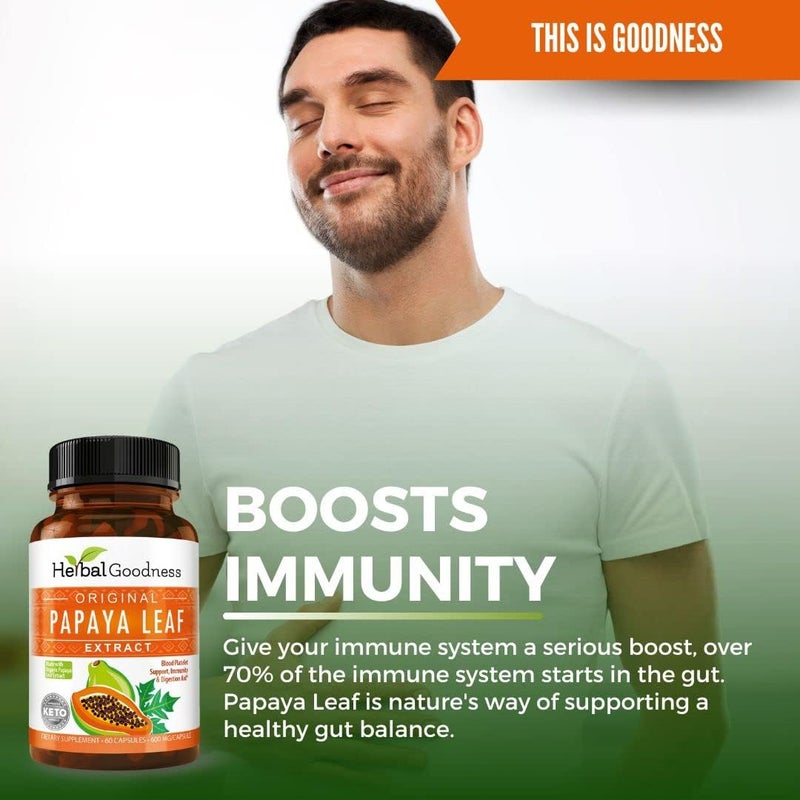 Herbal Goodness مستخلص أوراق البابايا إنزيمات هضمية 10X قوة 60600 ملغ كبسولات نباتية دعم الصفائح الدموية نخاع العظام الط splen دعم المناعة الأمعاء صحة هضمية فائقة صنع في الولايات المتحدة بواسطة هيربال غودنس - Image 4