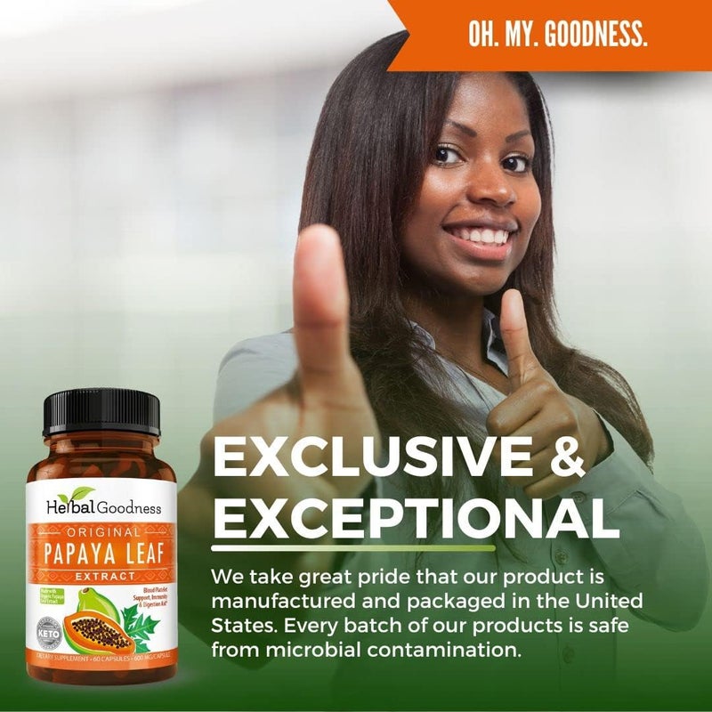 Herbal Goodness مستخلص أوراق البابايا إنزيمات هضمية 10X قوة 60600 ملغ كبسولات نباتية دعم الصفائح الدموية نخاع العظام الط splen دعم المناعة الأمعاء صحة هضمية فائقة صنع في الولايات المتحدة بواسطة هيربال غودنس - Image 5