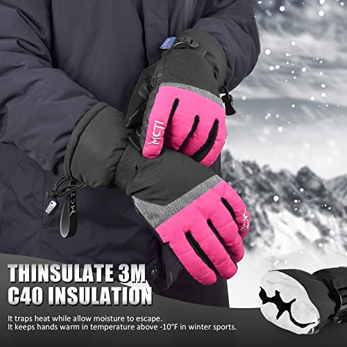 MCTi Ski Gloves,Winter Waterproof Snowboard Snow 3M Thinsulate Warm Touchscreen Cold Weather Women Gloves Wrist Leashes Rose Red Medium - Image 3