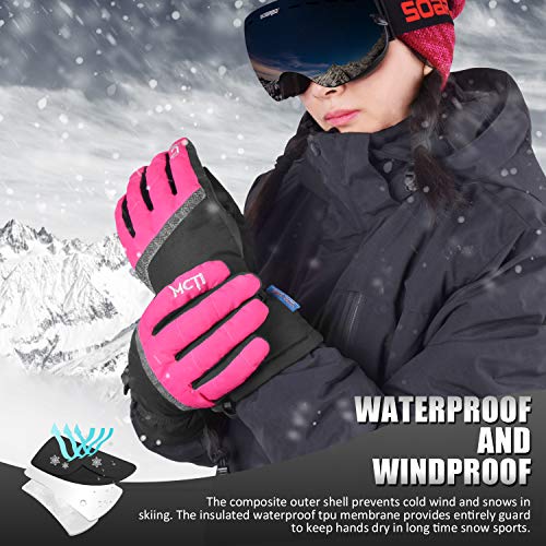MCTi Ski Gloves,Winter Waterproof Snowboard Snow 3M Thinsulate Warm Touchscreen Cold Weather Women Gloves Wrist Leashes Rose Red Medium - Image 2