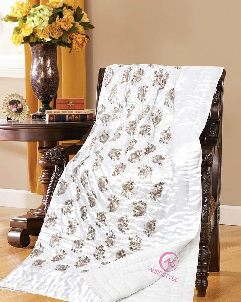 AUROSTYLE Rajasthani Cotton Filled Light Weight Silk Soft Jaipuri AC Quilt Dohar Over All Floral Print Design Blankets for Home 85x100 InchSilver2 Elephant Print Double Bed - Image 4