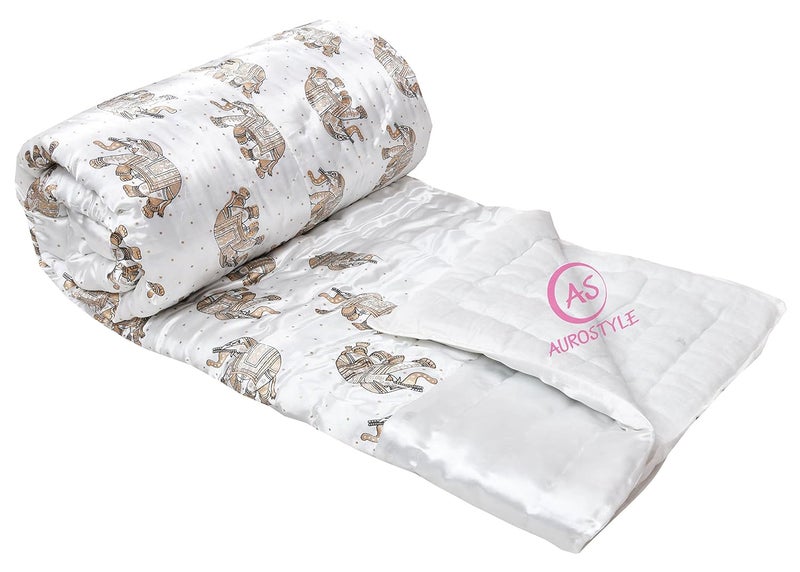 AUROSTYLE Rajasthani Cotton Filled Light Weight Silk Soft Jaipuri AC Quilt Dohar Over All Floral Print Design Blankets for Home 85x100 InchSilver2 Elephant Print Double Bed - Image 3