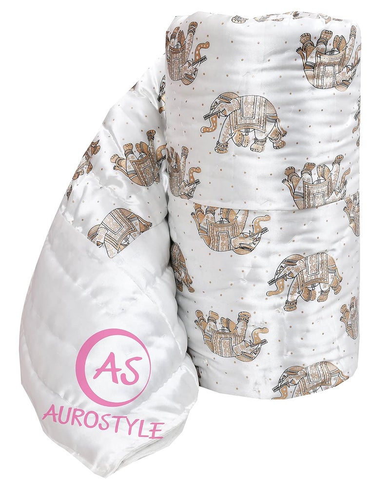 AUROSTYLE Rajasthani Cotton Filled Light Weight Silk Soft Jaipuri AC Quilt Dohar Over All Floral Print Design Blankets for Home 85x100 InchSilver2 Elephant Print Double Bed - Image 1