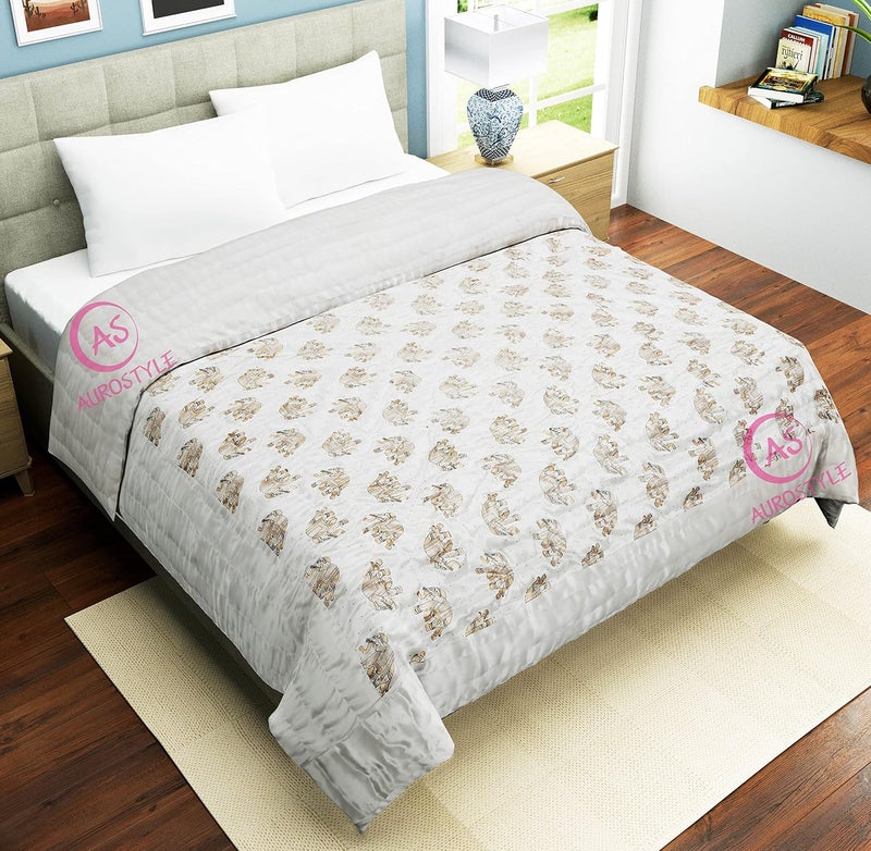 AUROSTYLE Rajasthani Cotton Filled Light Weight Silk Soft Jaipuri AC Quilt Dohar Over All Floral Print Design Blankets for Home 85x100 InchSilver2 Elephant Print Double Bed - Image 2