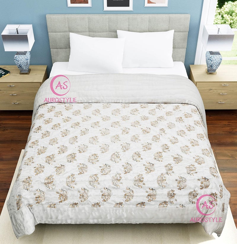 AUROSTYLE Rajasthani Cotton Filled Light Weight Silk Soft Jaipuri AC Quilt Dohar Over All Floral Print Design Blankets for Home 85x100 InchSilver2 Elephant Print Double Bed - Image 5