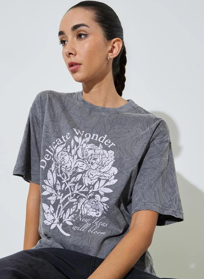 Styli Grey Acid Wash Oversized Graphic Cotton T-Shirt