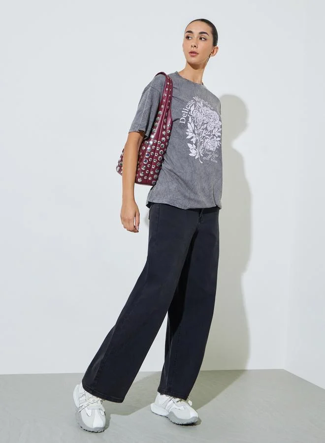 Styli Grey Acid Wash Oversized Graphic Cotton T-Shirt
