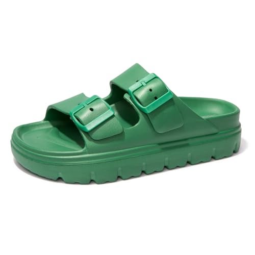 FUNKYMONKEY EVA Slides for Women Thick-sole Adjustable Double Buckle Waterproof Platform Sandals (9 M US, Green/HDSPK) - Image 1