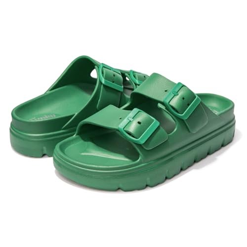 FUNKYMONKEY EVA Slides for Women Thick-sole Adjustable Double Buckle Waterproof Platform Sandals (9 M US, Green/HDSPK) - Image 4