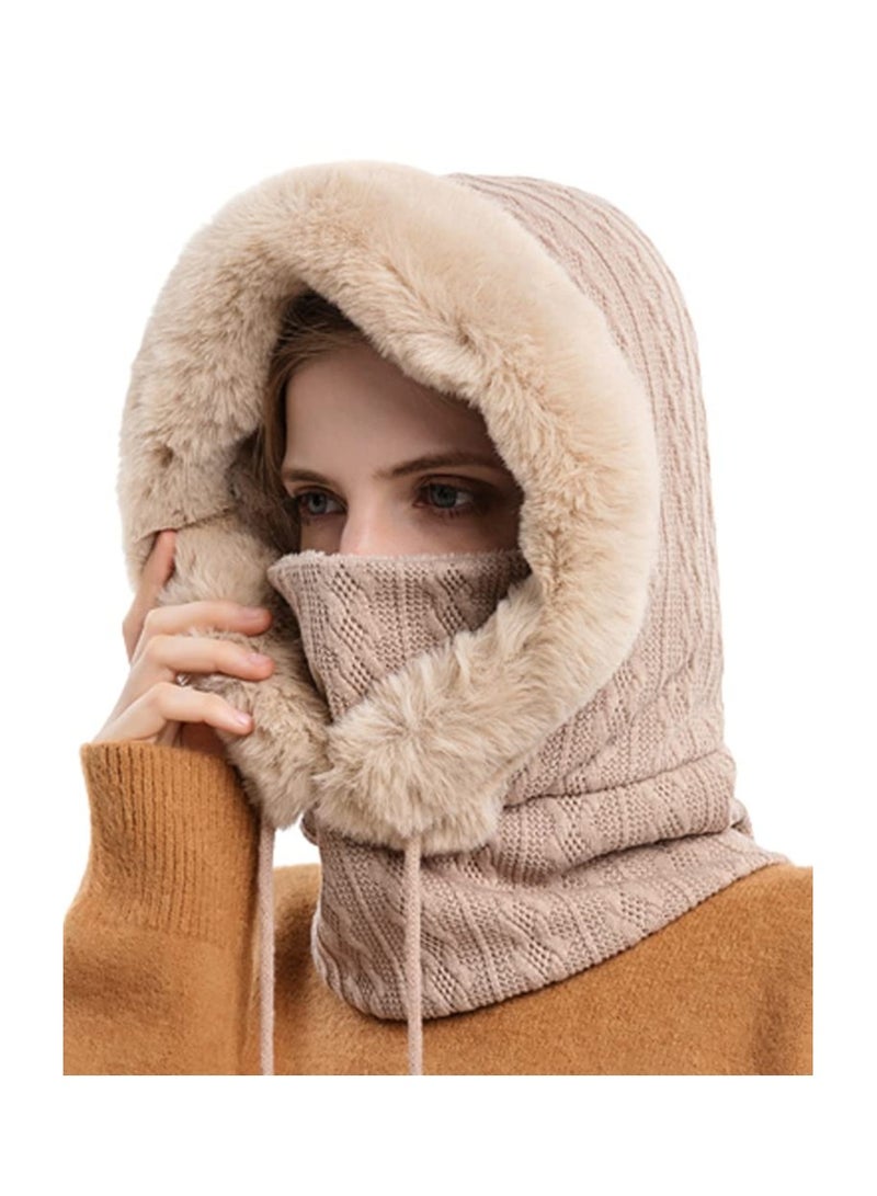 Generic Winter Hats for Women, Slouchy Beanie Scarf Mask Faux Fur Hooded Balaclava Pullover Knitted Cap Warm Winter Beanie with Scarf Thermal Winter Hat with Neck Warmer Chic Winter Scarf and Hat Set - Image 1