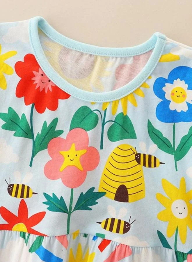 يونيكي Blue A-Line Crew Neck Floral Dress