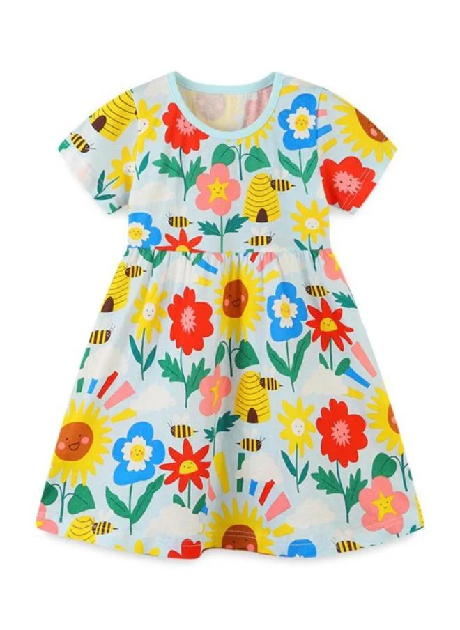 YUNIQEE Blue A-Line Crew Neck Floral Dress