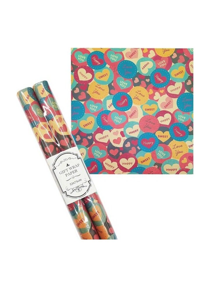 Party Time Gift Wrapping Paper - 2 Rolls Multicolor Love You Hearts Design Kraft Paper Birthday Gift Modern Gift Wrapping Paper - For Valentines Day Gift Wedding Surprise Party DIY Crafts - 70x100cm