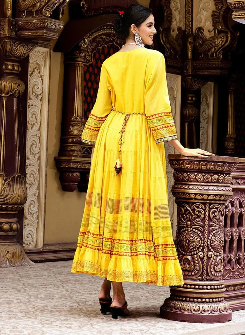 Ishin  Regular Fit Three-Quarter Sleeve Printed Mustard Cotton Woven Dresses For Women Flat Collar Perfect For Wedding And Engagement Pull On Closure for Women | Best Price UAE
