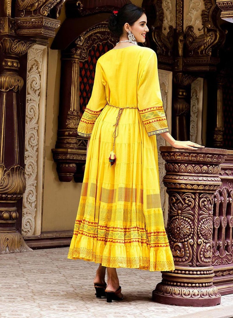 ISHIN Regular Fit Three-Quarter Sleeve Printed Mustard Cotton Woven Dresses For Women Flat Collar Perfect For Wedding And Engagement Pull On Closure - Image 5