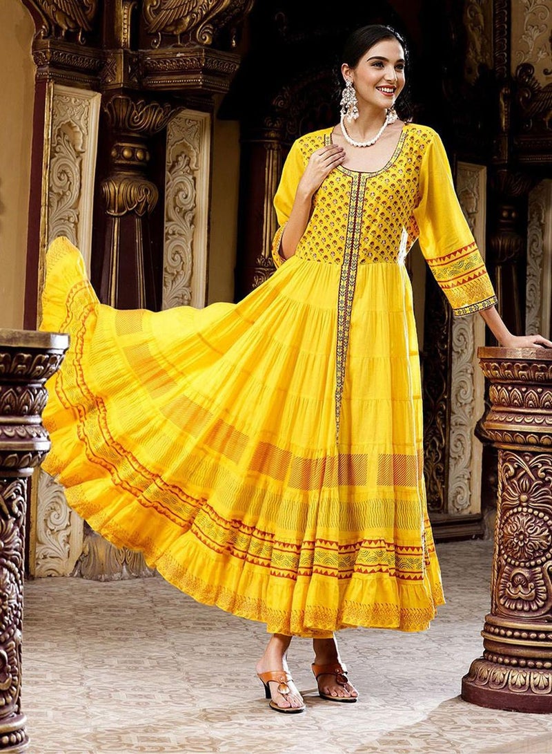 ISHIN Regular Fit Three-Quarter Sleeve Printed Mustard Cotton Woven Dresses For Women Flat Collar Perfect For Wedding And Engagement Pull On Closure - Image 1
