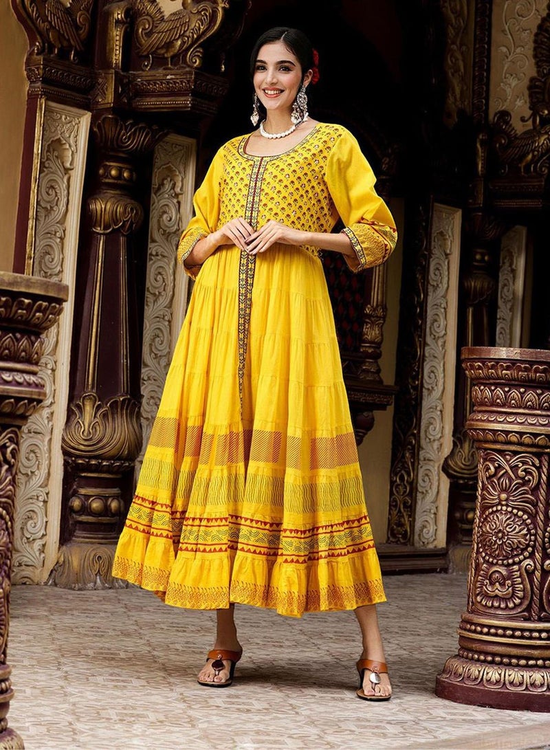 ISHIN Regular Fit Three-Quarter Sleeve Printed Mustard Cotton Woven Dresses For Women Flat Collar Perfect For Wedding And Engagement Pull On Closure - Image 3