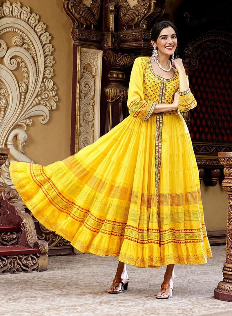 ISHIN Regular Fit Three-Quarter Sleeve Printed Mustard Cotton Woven Dresses For Women Flat Collar Perfect For Wedding And Engagement Pull On Closure - Image 2