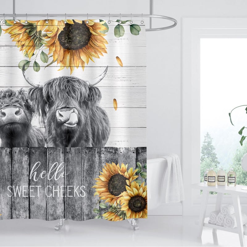 ZXMBF Farmhouse Highland Cow Shower Curtain Sunflower Funny Cattle Farm Western Wooden Fence Rustic Country Home Bathroom Decor Waterproof Fabric 72Lx72W Inch with 12PCS Hooks - Image 1