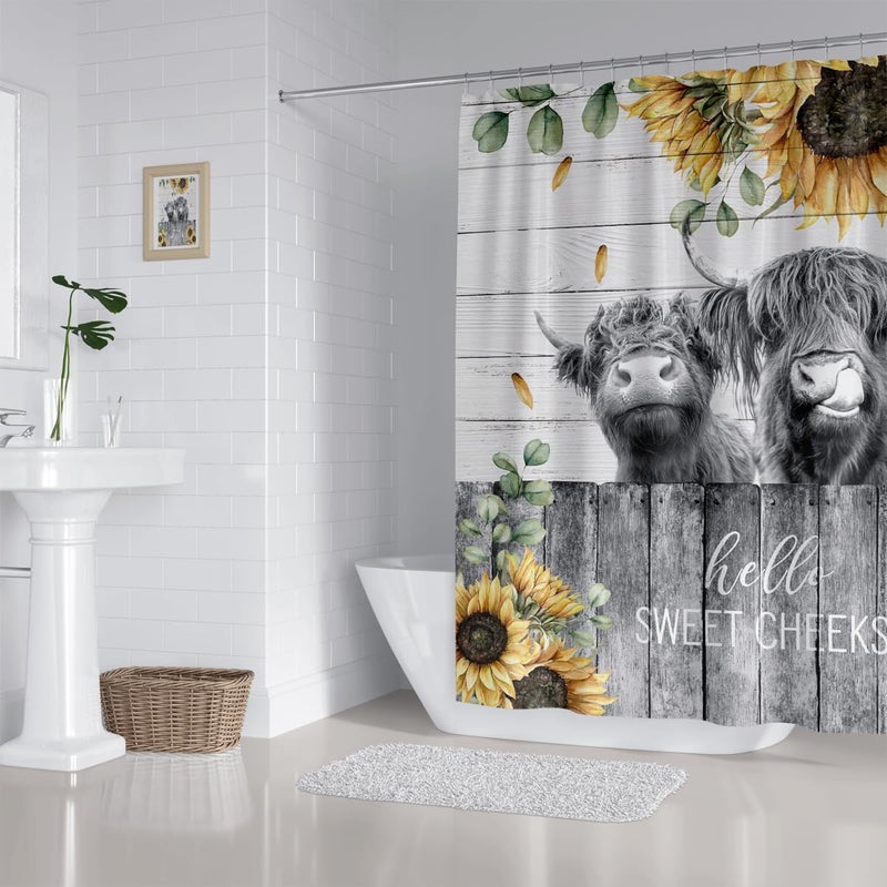 ZXMBF Farmhouse Highland Cow Shower Curtain Sunflower Funny Cattle Farm Western Wooden Fence Rustic Country Home Bathroom Decor Waterproof Fabric 72Lx72W Inch with 12PCS Hooks - Image 4