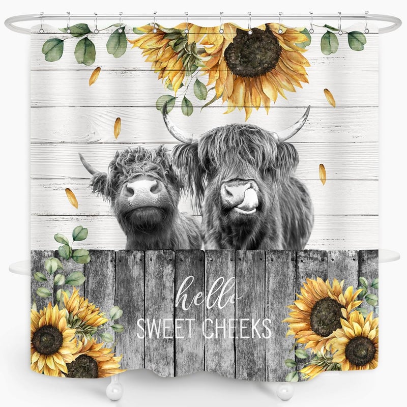 ZXMBF Farmhouse Highland Cow Shower Curtain Sunflower Funny Cattle Farm Western Wooden Fence Rustic Country Home Bathroom Decor Waterproof Fabric 72Lx72W Inch with 12PCS Hooks - Image 2