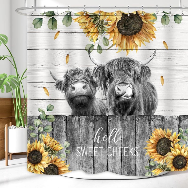 ZXMBF Farmhouse Highland Cow Shower Curtain Sunflower Funny Cattle Farm Western Wooden Fence Rustic Country Home Bathroom Decor Waterproof Fabric 72Lx72W Inch with 12PCS Hooks - Image 3