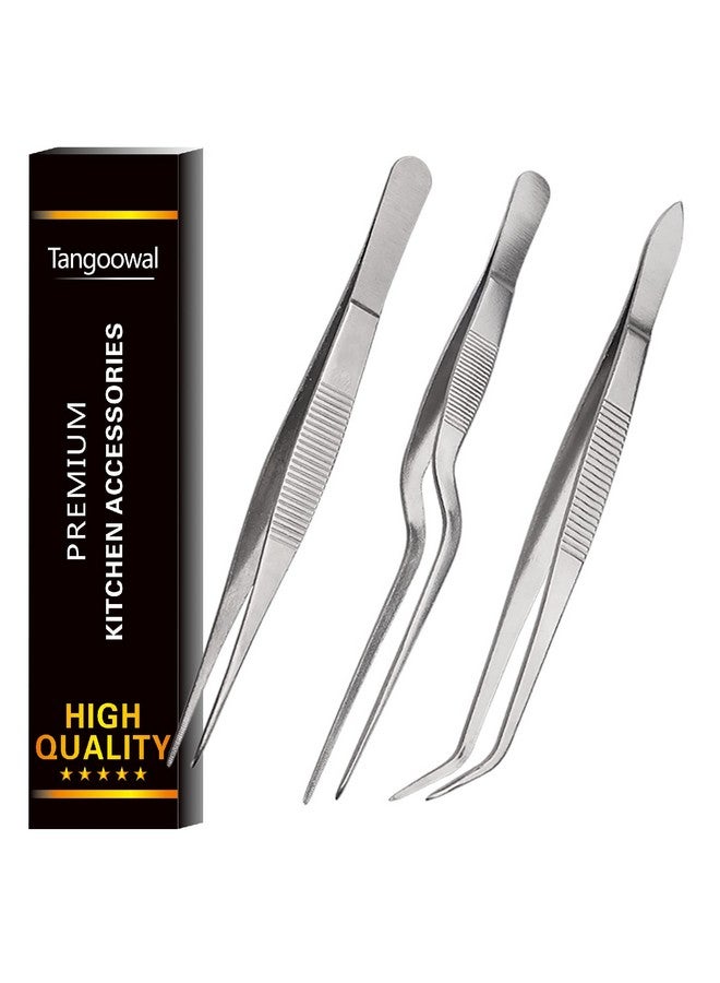 Tangoowal Kitchen Cooking Tweezers Culinary,3 Piece Set Stainless Steel Tweezer Precision Tongs Offset Tip for Cooking Food Design styling(6.3-Inch) - Image 1