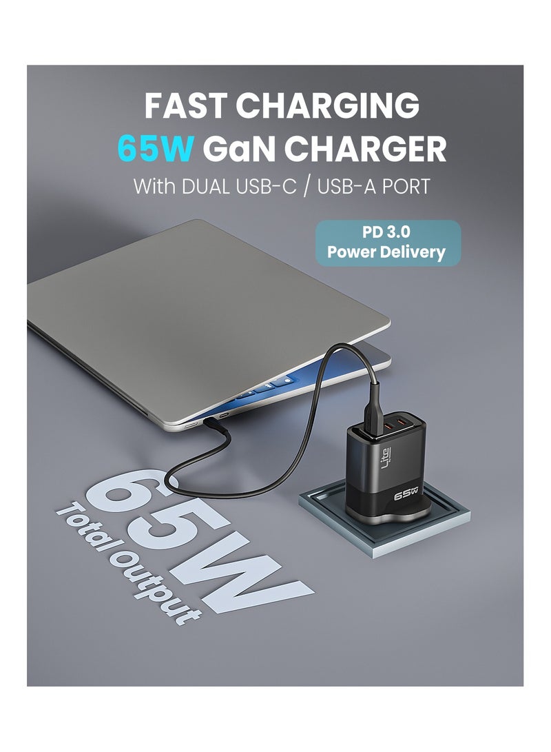 Moxedo Lite 65W GaN Charger Dual USB-C Port / 1 USB-A Port Fast Charging PD 3.0 with USB-C to USB-C 1.2 Meter Cable Compatible for iPhone Series, iPad Pro 12.9, 11, MacBook, Samsung Galaxy S24, Pixel - Image 3