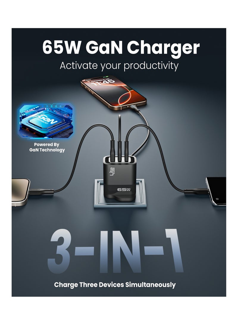 Moxedo Lite 65W GaN Charger Dual USB-C Port / 1 USB-A Port Fast Charging PD 3.0 with USB-C to USB-C 1.2 Meter Cable Compatible for iPhone Series, iPad Pro 12.9, 11, MacBook, Samsung Galaxy S24, Pixel - Image 4