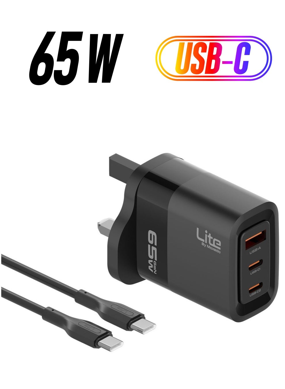 Moxedo Lite 65W GaN Charger Dual USB-C Port / 1 USB-A Port Fast Charging PD 3.0 with USB-C to USB-C 1.2 Meter Cable Compatible for iPhone Series, iPad Pro 12.9, 11, MacBook, Samsung Galaxy S24, Pixel