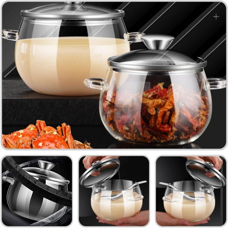 Lard Jar and Glass Food Storage Container with Lid and 304 Stainless Steel Spoon, 800ml Capacity, Dual-handle Kitchen Canister for Cooking Oil and Grease Storage - Image 5