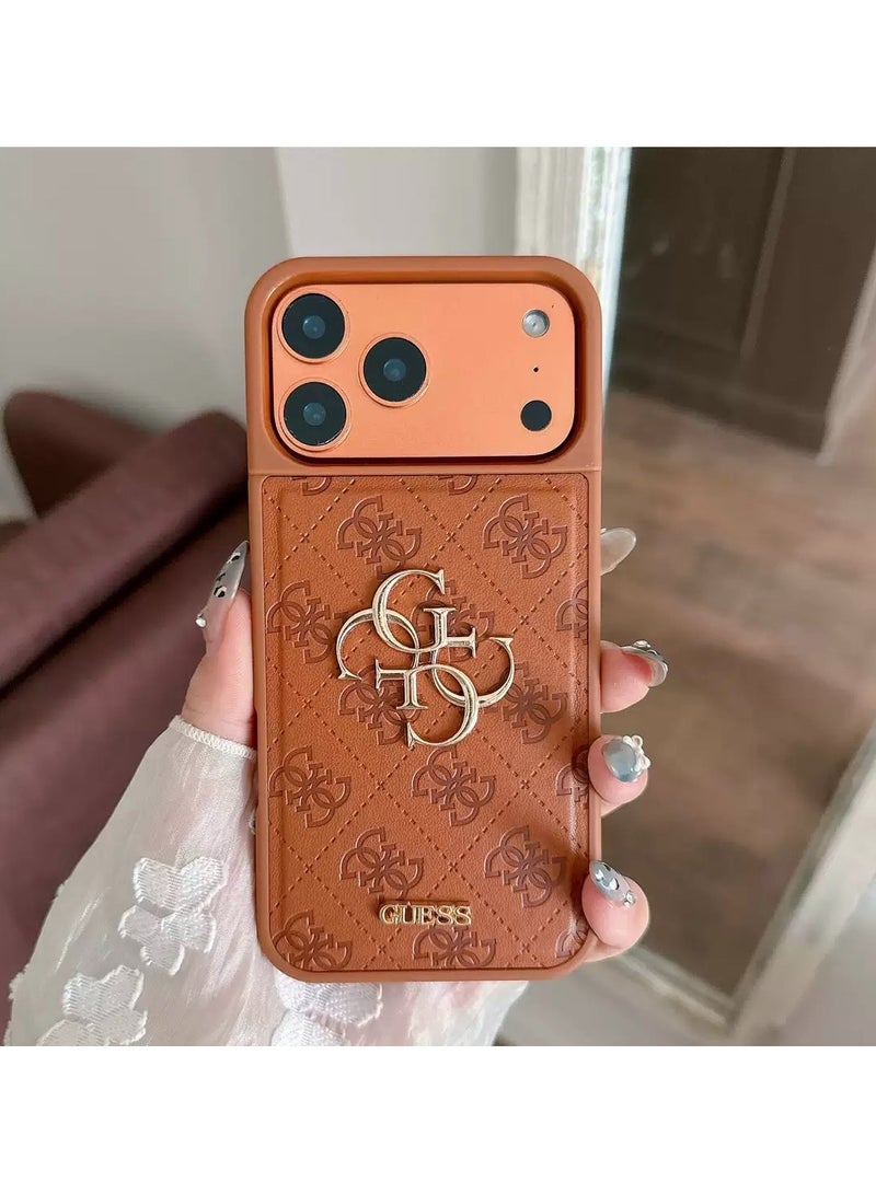 جس غطاء iPhone 17 Pro Max من مادة PU مع فتحة للبطاقات وشعار معدني مزخرف - برتقالي - Image 1
