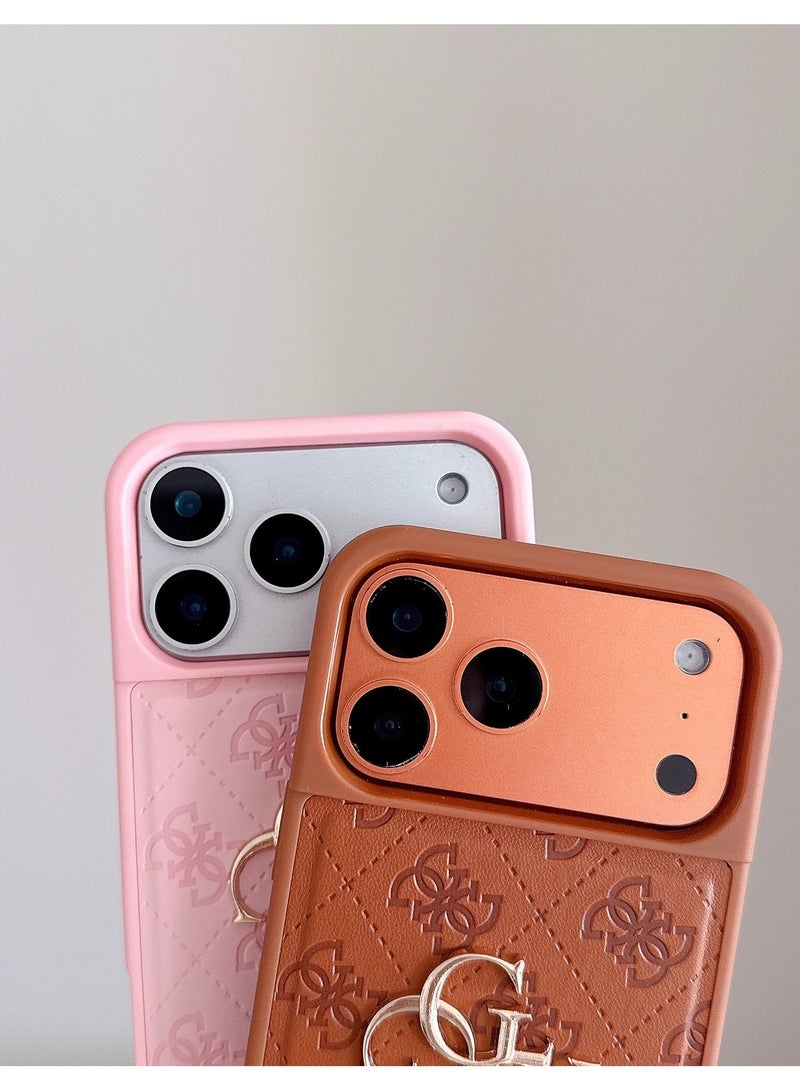 جس غطاء iPhone 17 Pro Max من مادة PU مع فتحة للبطاقات وشعار معدني مزخرف - برتقالي - Image 5
