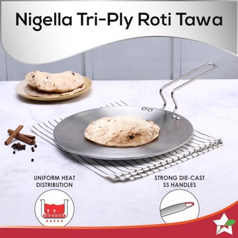 Nigella Tri-Ply 26 cm Roti Tawa Non-Stick Tawa 4mm Thickness Induction Base Compatible with All cooktops Riveted Cool-Touch Handle 10 Year Warranty, Stainless Steel, Silver - Image 5