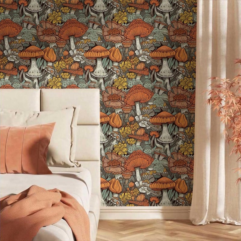 MuralPeel Boho Orange Mushroom Forest Yellow Flowers Peel and Stick Wallpaper Self Adhesive Removable Easy Peel Off Stick on Wall Paper for Bedroom Cabinet Renter Friendly - Image 2